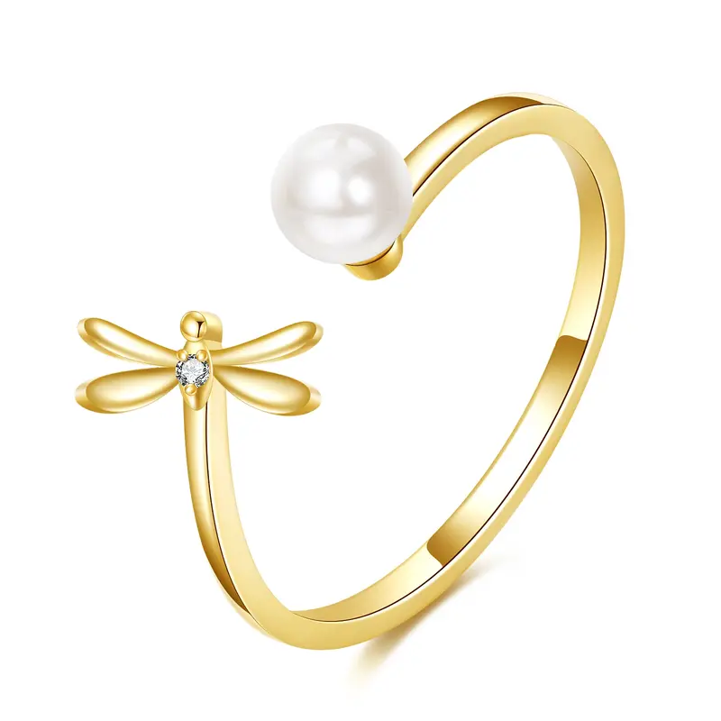 14K Gold Cubic Zirconia & Pearl Dragonfly Open Ring