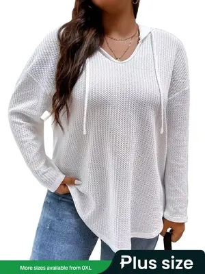 ćPlus Sizeć Solid Drawstring Drop Shoulder Hoodie, Casual Long Sleeve Hooded Sweatshirt for Daily Wear, Women's Plus Clot...