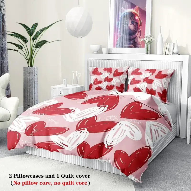 Valentine's Day Heart Pattern Duvet Cover Set, 3 Counts/set Including 1 Duvet Cover & 2 Pillowcase without Filler, Soft Comf...