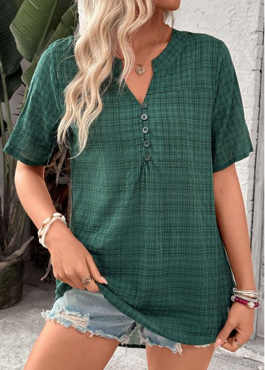 Modlily Blackish Green Button Plaid Short Sleeve Split Neck Blouse - XL