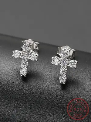 925 Sterling Silver Fashion Rhinestone Cross Design Stud Earrings, Casual Jewelry for Party, Daily Clothing Decor, Earrings f...