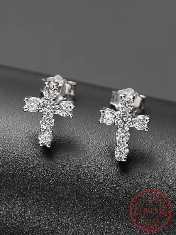 925 Sterling Silver Fashion Rhinestone Cross Design Stud Earrings, Casual Jewelry for Party, Daily Clothing Decor, Earrings f...