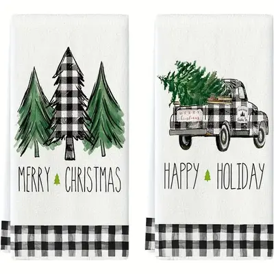 Christmas Themed Kitchen Towel, 2 Counts/set Truck & Tree Pattern Kitchen Towel, Kitchen Decoration, Festive & Party Supplies