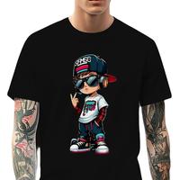 Men's 3D Digital Print Graphic T-Shirt - Black Casual Streetwear Tee with Cartoon Character Design, Crew Neck, Shortsleeve, S...
