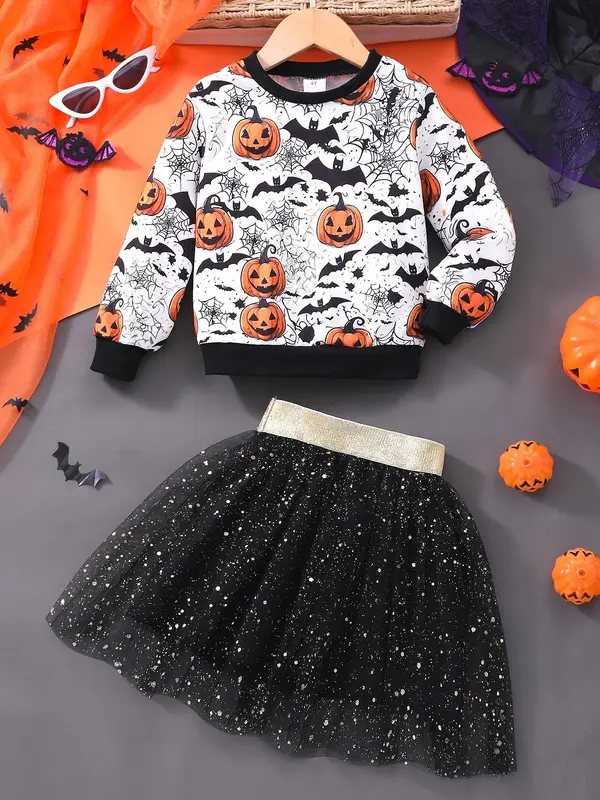 Girl's Cartoon Print Sweatshirt & Glitter Mesh Skirt Two-piece Set, Halloween Casual Long Sleeve Round Neck Pullover & Skirt...