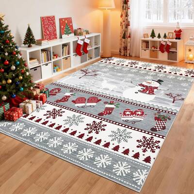 Garvee Christmas Living Room Rug 6x9 Washable Holiday Rug with Non Slip TPR Backing, Santa & Reindeer Printed Mat, Low Pile N...
