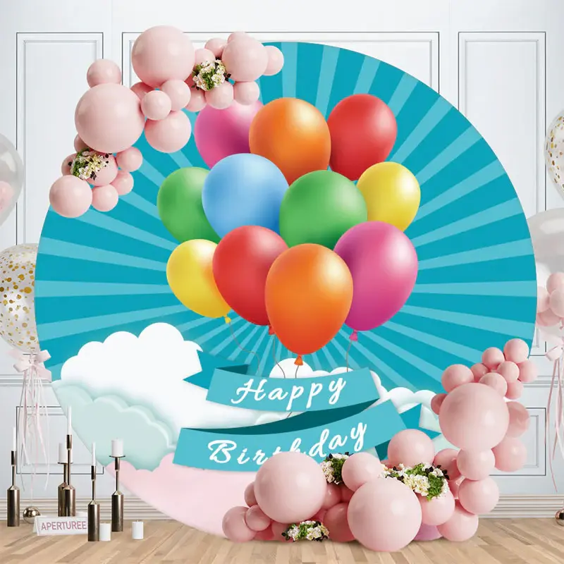 Aperturee Colorful Balloons Round Blue Birthday Backdrop