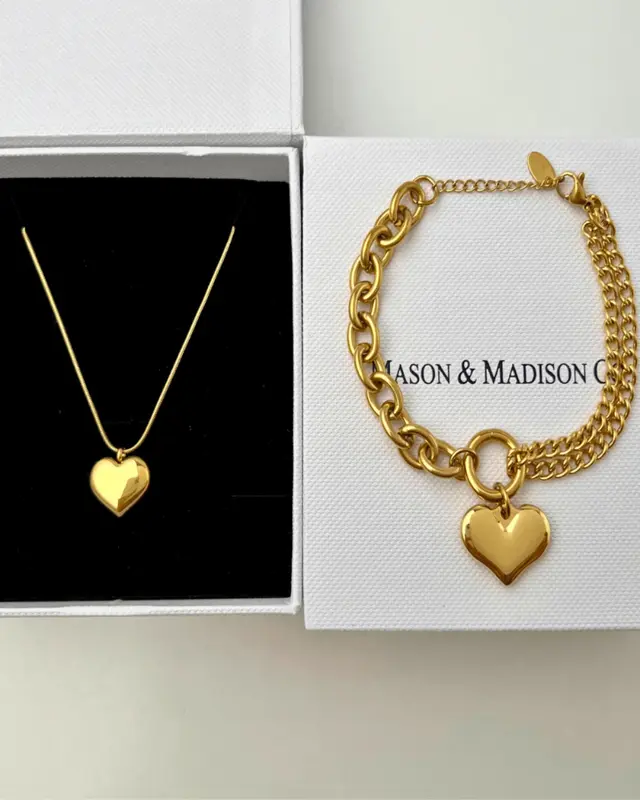 18K Gold Heart Necklace Bracelet Jewelry Bundle Set