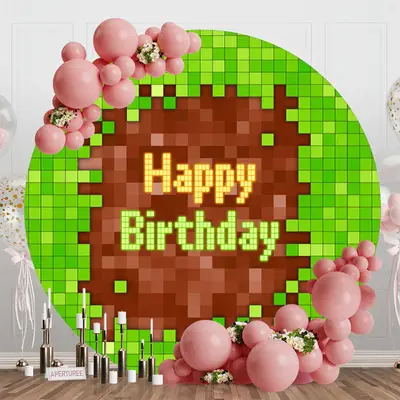Green Brown Pixel Games Round Backdrop For Birthday - Aperturee