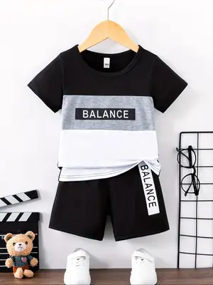 Two-Piece Set Boy's Colorblock Letter Print Tee & Elastic Waist Shorts, Casual Short Sleeve T-shirt & Track Shorts, Summer Ou...