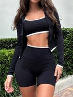 Women's Contrast Binding Zip Up Crop Jacket & Crop Cami Top & High Waist Shorts Set, Casual Y2K Three-piece Outfits for Summe...