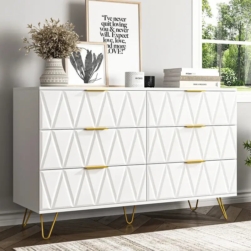 Spaco 6-Drawer Dresser,Wood Storage Drawers,Chest of Drawers,Metal leg and X-shape Dresser for Bedroom, Living Room, Home Of...