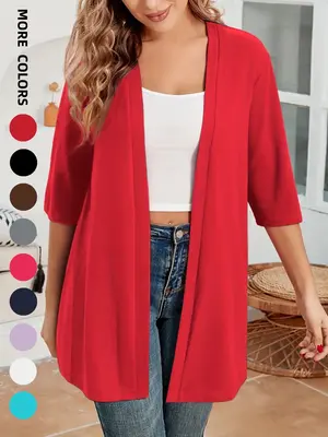 Plus Size Women's Solid Color Drop Shoulder Open Front Cardigan, Plus Casual Fashionable Half Sleeve Outerwear for Daily Outd...