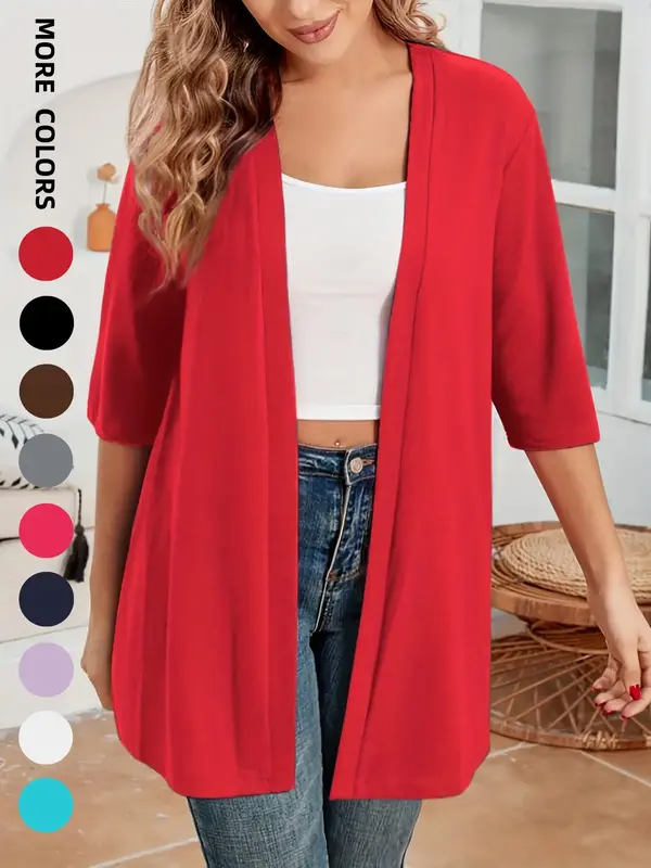 Plus Size Women's Solid Color Drop Shoulder Open Front Cardigan, Plus Casual Fashionable Half Sleeve Outerwear for Daily Outd...