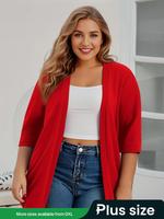 【Plus Size】women's Solid Color Drop Shoulder Open Front Cardigan, Lady Plus Casual Fashionable Half Sleeve Outerwear for ...