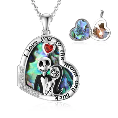 Sterling Silver Heart Abalone Shellfish Skull Personalized Photo Locket Necklace with Engraved Word