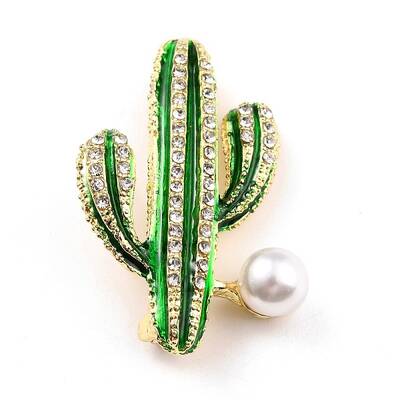 Cactus Alloy Brooch with Resin Pearl