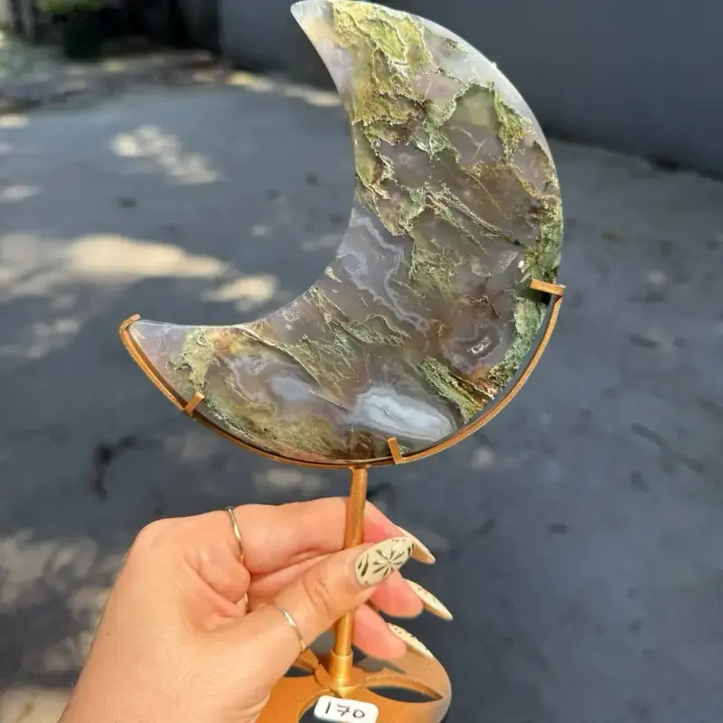 Moss Agate Moon on Stand - Sapphire & Sage Energy Earthy Greens