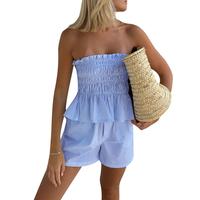 Women 2 Piece Casual Summer Set Vacation Outfits Set Sleeveless Shrried Bandeau Tube Top Shorts 2pcs Going out Set