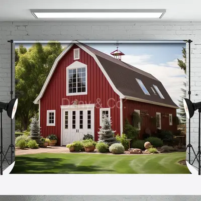 Red House Tree Grass Sky Spring Backdrops For Photo - Aperturee