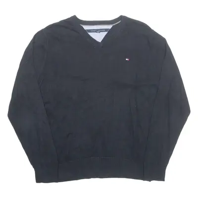 TOMMY HILFIGER Mens Jumper Black V-Neck Tight Knit L