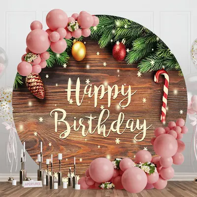 Aperturee Christmas Vibe Wooden Round Happy Birthday Backdrop | Circle Backdrops For Birthday | Round Backdrop Fabric Cover |...