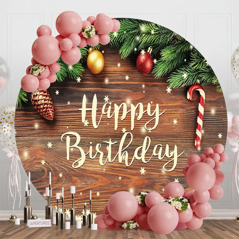 Aperturee Christmas Vibe Wooden Round Happy Birthday Backdrop | Circle Backdrops For Birthday | Round Backdrop Fabric Cover |...