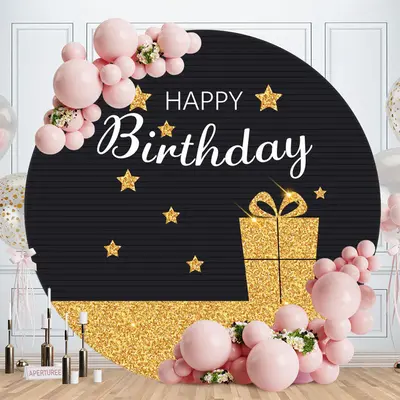 Aperturee Gold Glitter Gift Round Black Happy Birthday Backdrop
