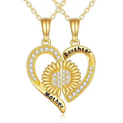 10K Gold Cubic Zirconia Sunflower & Heart Pendant Necklace with Engraved Word