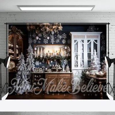 Wood Cupboard Snowflake Pine Tree Christmas Backdrop - Aperturee