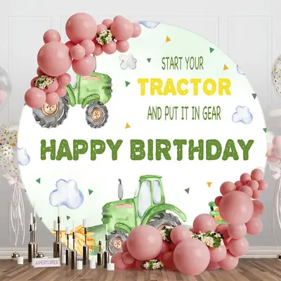 White Cloud Green Tractor Round Birthday Backdrop - Aperturee
