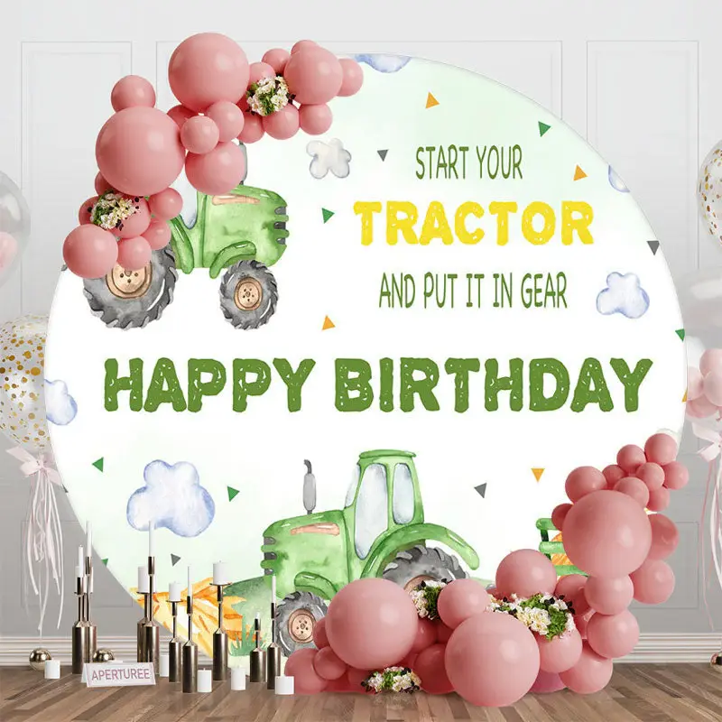 White Cloud Green Tractor Round Birthday Backdrop - Aperturee