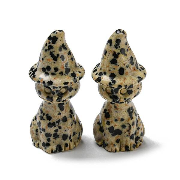 Natural Dalmatian Jasper Carved Healing Cat with Witch Hat Figurines