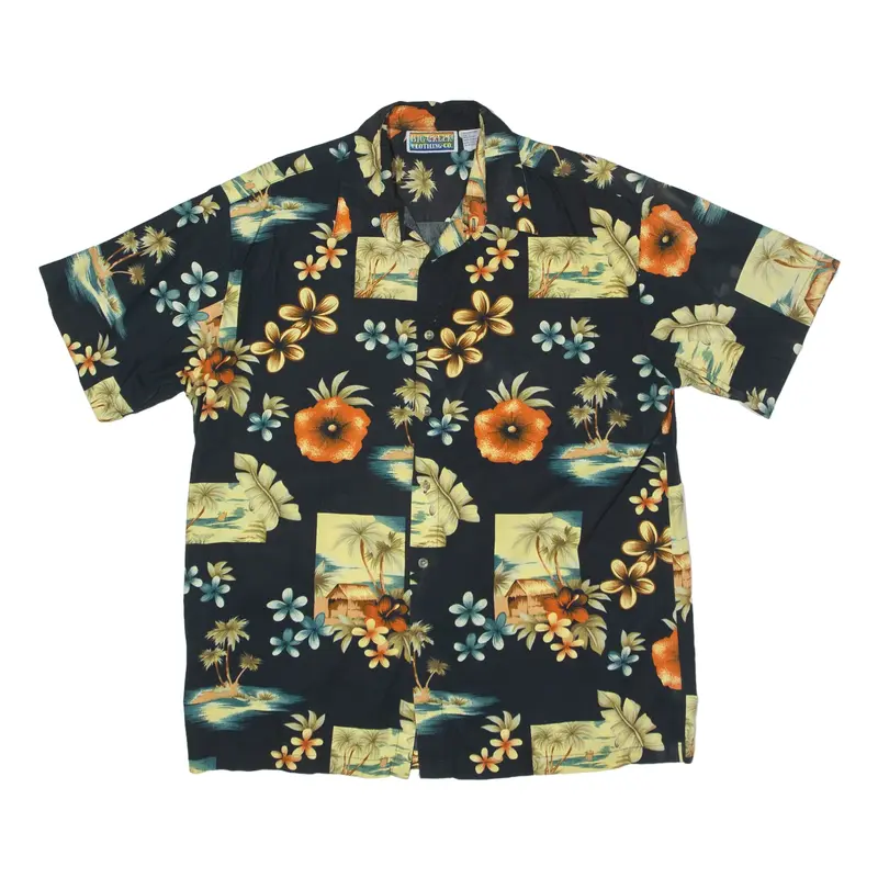 BIG CREEK CLOTHING CO Hawaiian Shirt Black Floral Short Sleeve Mens L