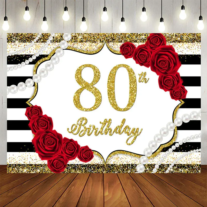 Aperturee Red Rose Gold Glitter 80th Birthday Party Backdrop