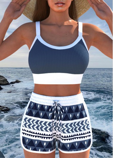 Modlily Contrast Binding High Waisted Geometric Print Bikini Set - S