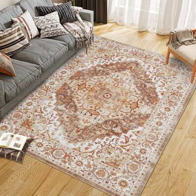 Garvee Ultra Soft Non-Slip Vintage Boho Area Rug – Durable Mark Resistant Low Pile Carpet, Machine Washable, For Living Roo...