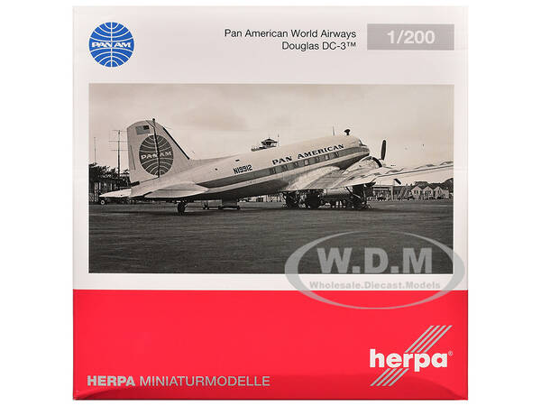 Douglas DC-3 Commercial Aircraft Pan American World Airways (N19912) White with Blue Stripes 1/200 Diecast Model Airplane by ...