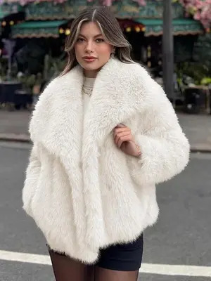 Women's Solid Color Faux Fur Luxury Jacket, Priscilla Fur Coat, Casual Warmth Long Sleeve Collared Fuzzy Coat for Fall & ...