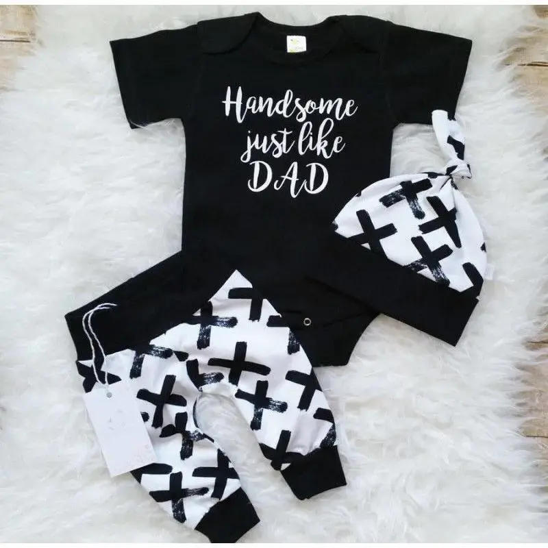 3pcs Newborn Baby Boys Black Rompers+ Crosses Print White Pants Outfits Clothes Set