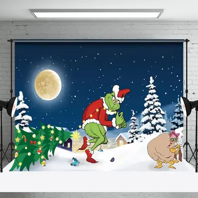 Winter Snowy Moon Night Xmas Tree Christmas Backdrop - Aperturee