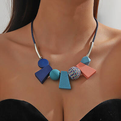 Bohemian Style Trapezoid & Round Wood Beaded Pendant Black Waxed Cord Bib Necklaces for Women