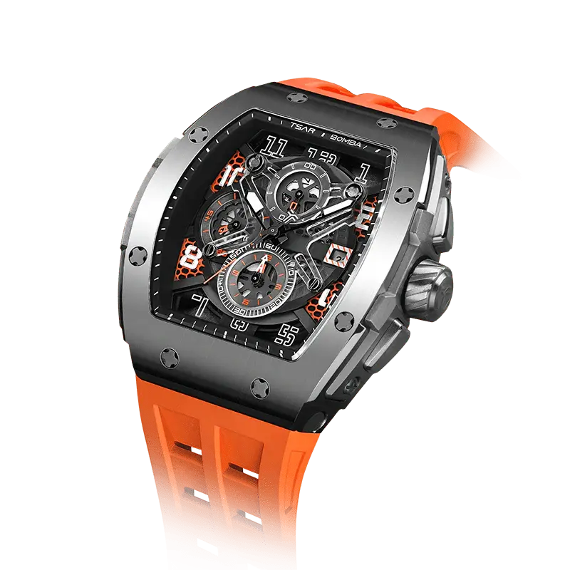 TSAR BOMBA Men's Luxury Quartz Chronograph Watch | Silver Orange | Tonneau Stainless Steel Case | Sapphire Glass | 50M Waterp...