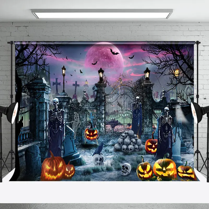 Aperturee Skull Ghost Manor Purple Vibe Halloween Backdrop - Aperturee