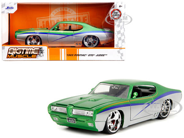 1969 Pontiac GTO Judge Green Metallic and Silver with Stripes Bigtime Muscle Series 1/24 Diecast Model Car by Jada
