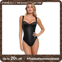 Popilush Shapewear Faux Leather Lace Balconette Sculpting Bodysuit Comfort Sleeveless Feminine Tops