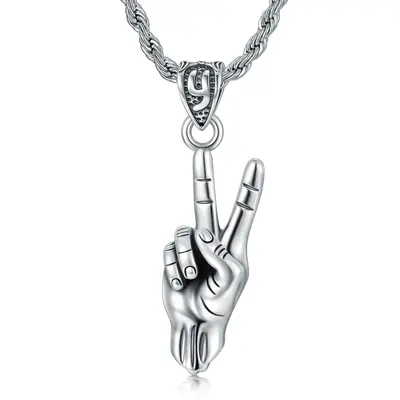 Sterling Silver Victory Gesture Pendant Necklace for Men