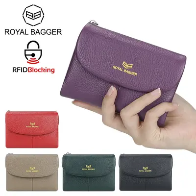Royal Bagger RFID Blocking Women's Short Wallet Genuine Leather Multi-card Slots Card Holder Trifold Purse Magnetic Opening 2...