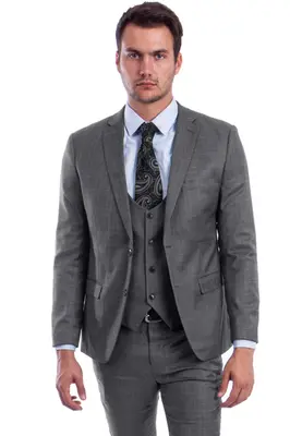 Grey Plaid Skinny Fit Men's Suit with Two-Button Vest - Low Cut