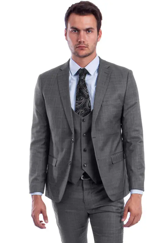 Grey Plaid Skinny Fit Men's Suit with Two-Button Vest - Low Cut
